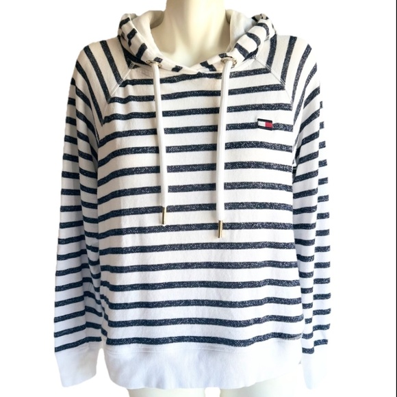 New Tommy Hilfiger Sport White Navy Cotton Polyester Hoodie size L - Picture 1 of 12